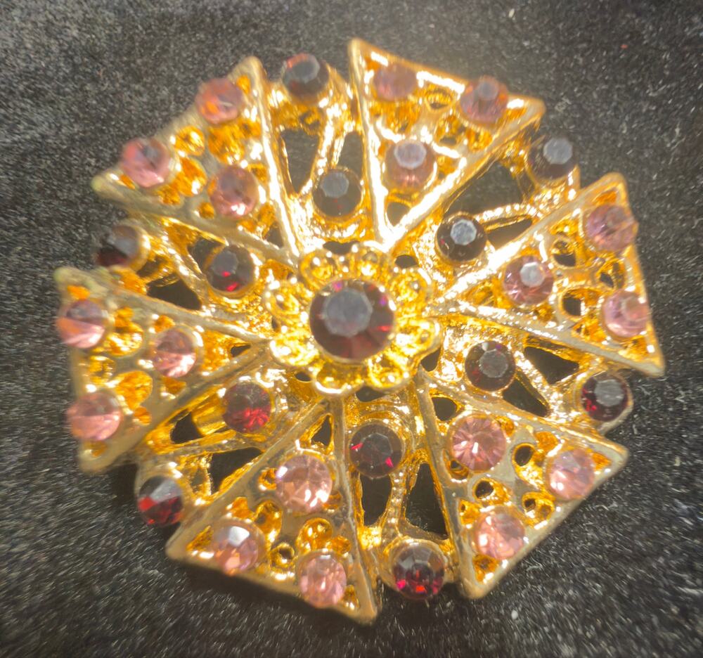 VTG Gold-Tone Pink Garnet Rhinestone Starburst Brooch Floral Filigree Statement